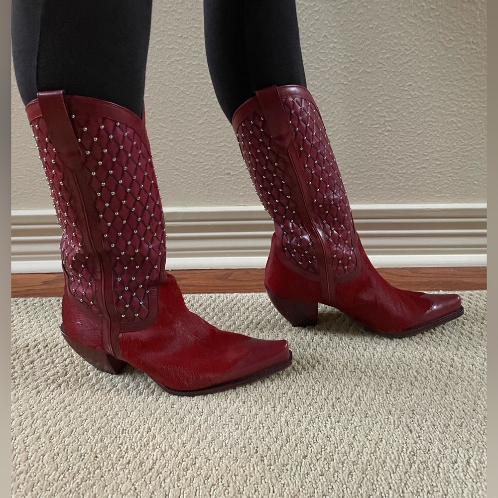 RARE Donald Pliner Ruby Red Hair On Hide Western Boots (8) - Picture 4 of 14